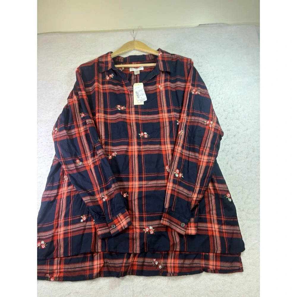 Christopher & Banks Women's Plaid Embroidered L/SL Shirt Size XL Navy/Red NWT